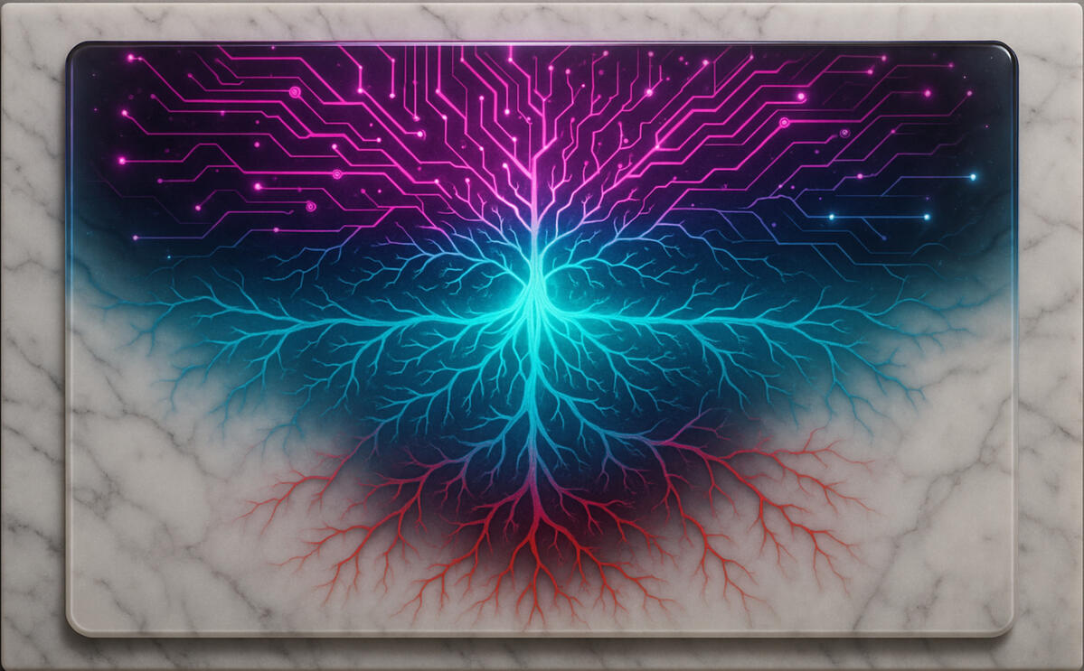 Neural Bloom Iridescent root network glowing pink and violet, merging biology and light in radiant symmetry.