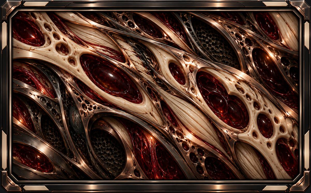 Marrow Circuit Marrow Circuit — Framed biomechanical texture combining ivory skeletal forms, dark red tissue, bronze ribs, and honeycomb.