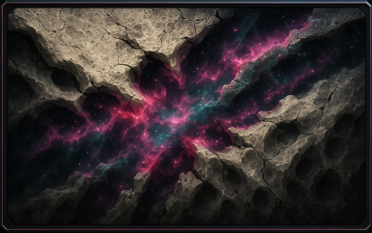 Stone splinters to reveal a nebula’s breath, galaxies bleeding through fracture as if the cosmos itself were tearing free