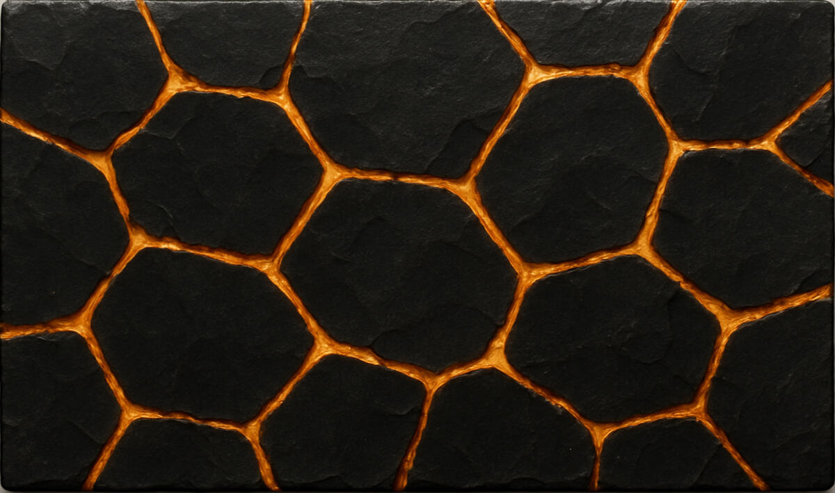 Ember Mosaic Obsidian plates stitched by living fire, cracks glowing like veins where the earth remembers its molten heart