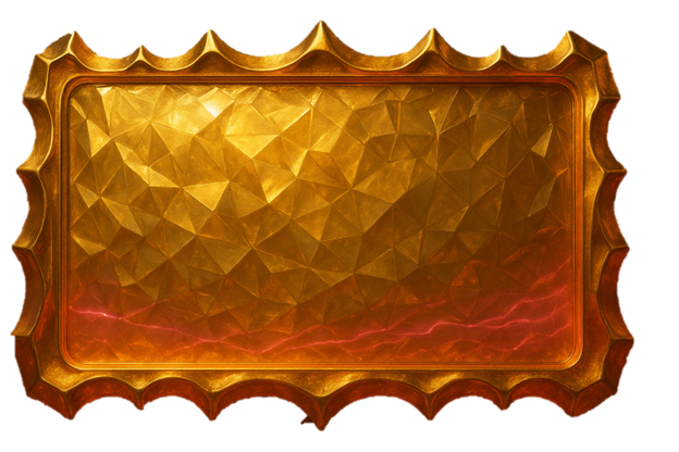 Solar Dominion A molten gold surface with a jagged crown-like frame, catching warm highlights of red and amber. The texture radiates prestige, authority, and creative command.