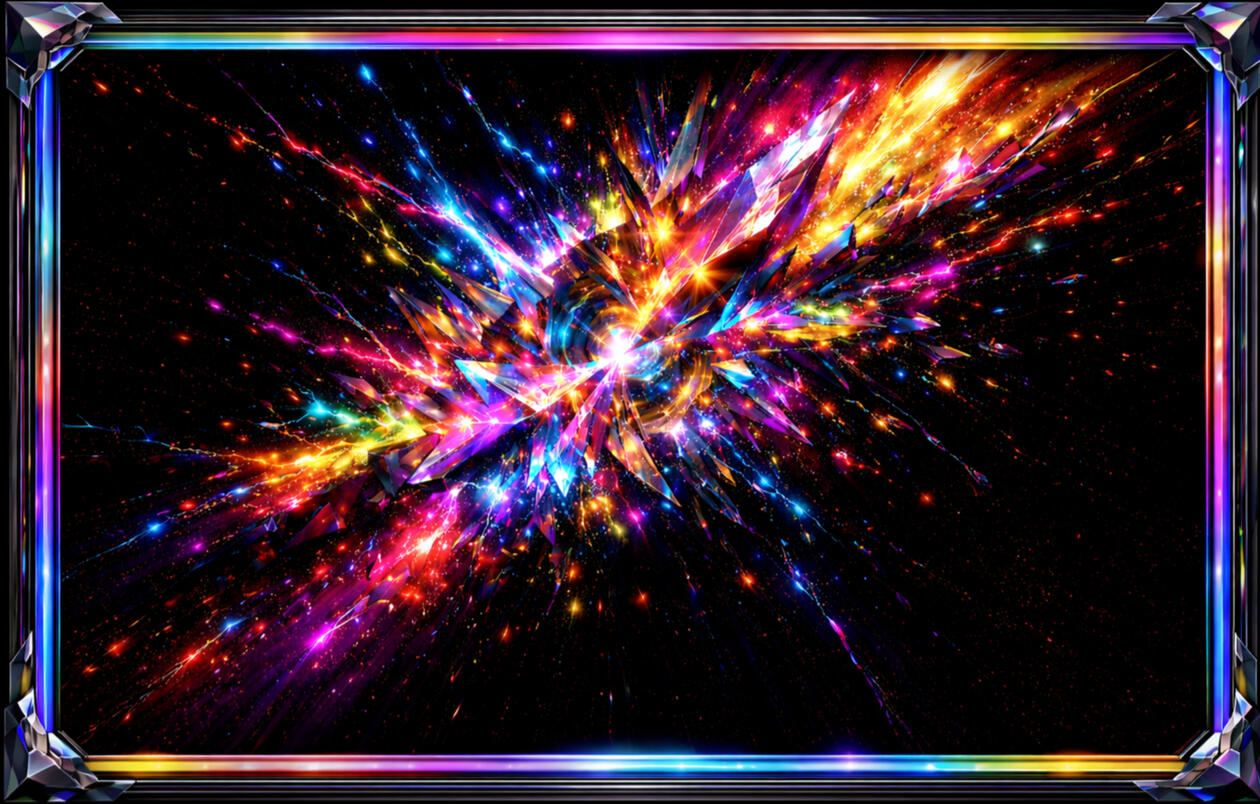 Spectral Rupture — Crystalline planes split by chromatic ignition — refracted energy suspended at the moment of impact.