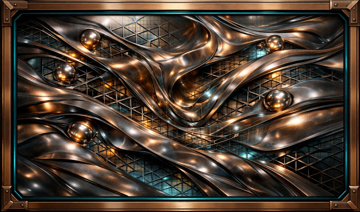 Dimensional Mirage — Engineered alloy flowing over geometric discipline — fluid power guided by structure, warmth balanced against restraint.