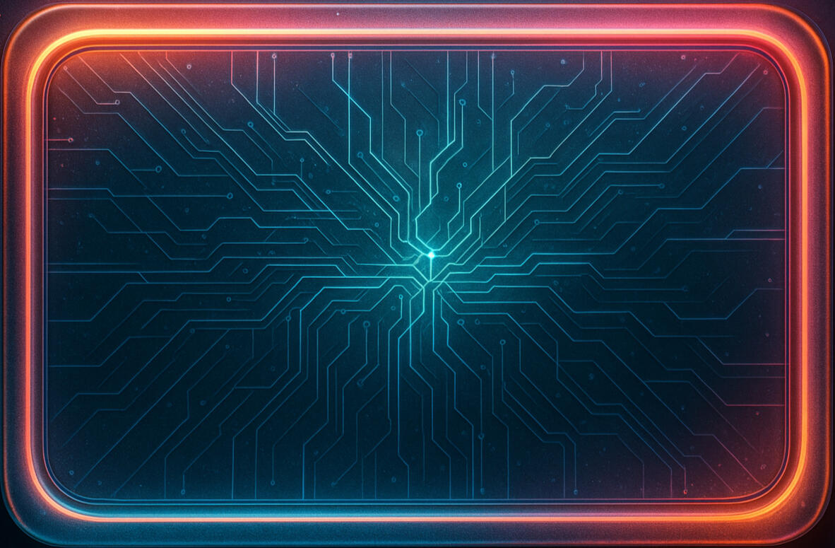 A sleek glass circuit board glowing with turquoise and coral light. Interconnected lines converge at a single luminous point, representing intelligence, connection, and data in motion.