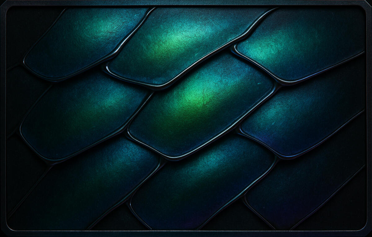 Iridescent Scale Emerald armor glimmering with deep-sea reflection, dragonhide turned bioluminescent.