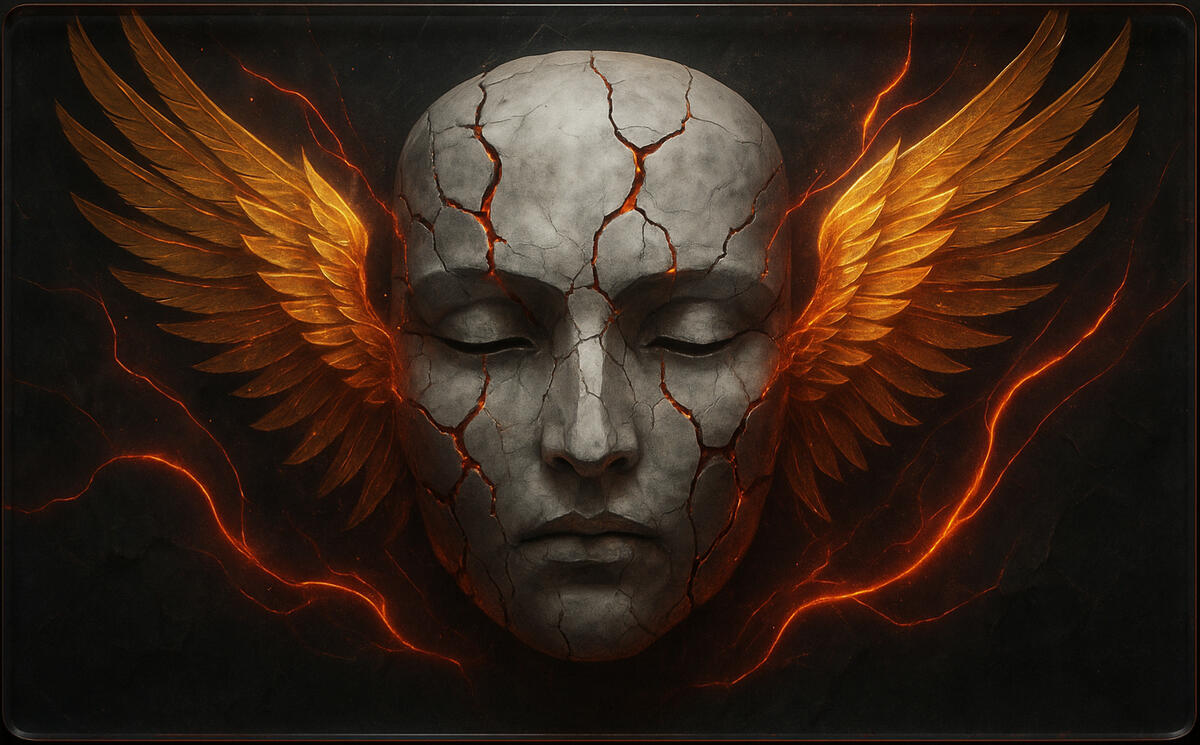 Seraph Mask Porcelain face cracked by firelight, wings of flame framing divine fragility.