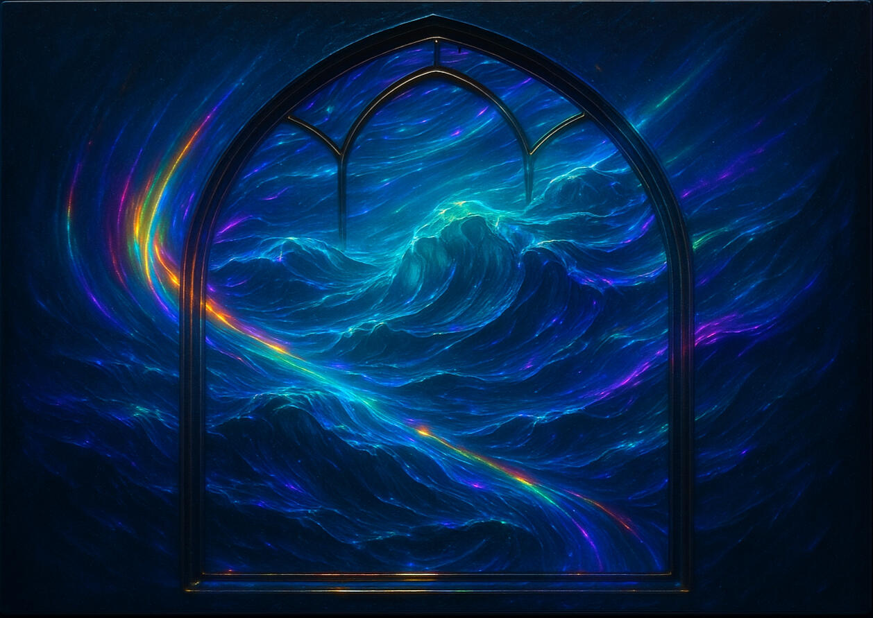 Aether Gate Arched portal of swirling blue-gold energy, inviting entry into cosmic flow.