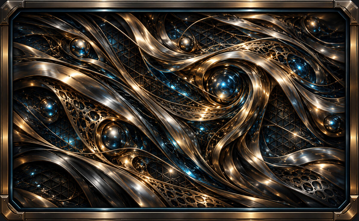 Cobalt Filigree Luxurious framed panel of flowing gold metal, black mesh, and glowing blue spherical nodes.